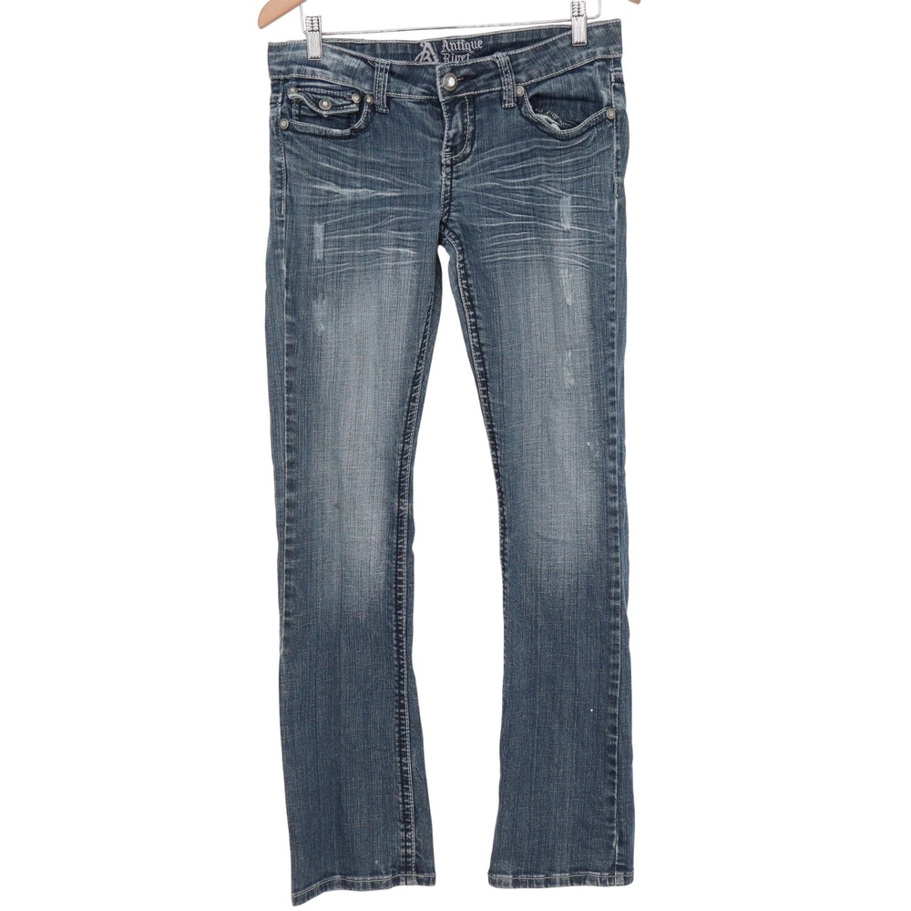 Antique Rivet Womens 29 Embellished Bootcut Jeans Blue Distressed Y2K Rhinestone